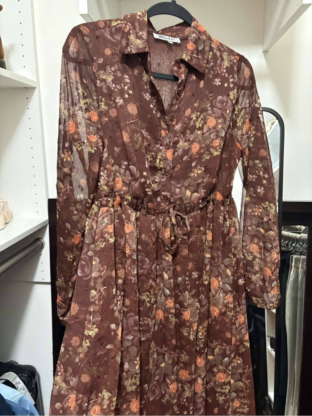WD.NY Brown Floral Button-Front Long Sleeve Midi Dress